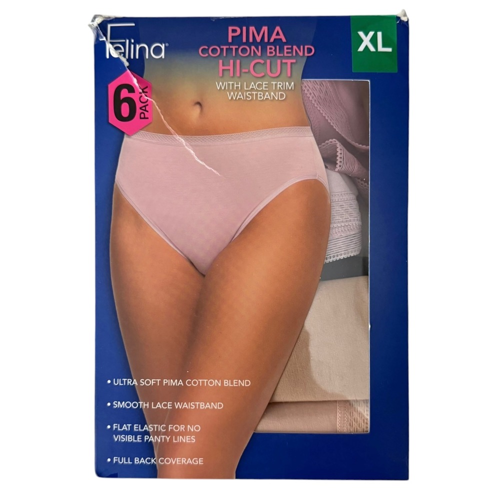 Felina Hi-Cut Panties Women XL Multi New 6-Pack Pima Cotton Blend Lace Trim 7621